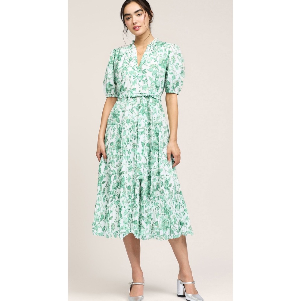 NWT Current Air Tony Tiered‎ Midi Dress Green White Floral Puff Sleeve Pleated L